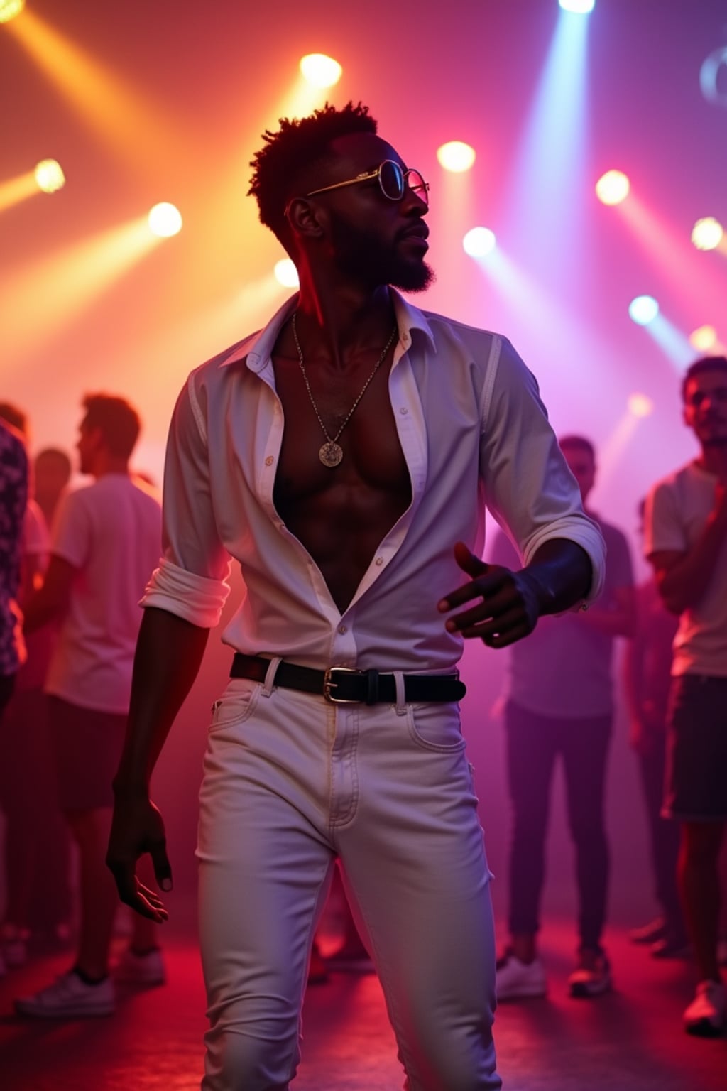 man dancing at an open-air club, wearing  white jeans with a stylish fitted shirt, DJ lights and vibrant atmosphere