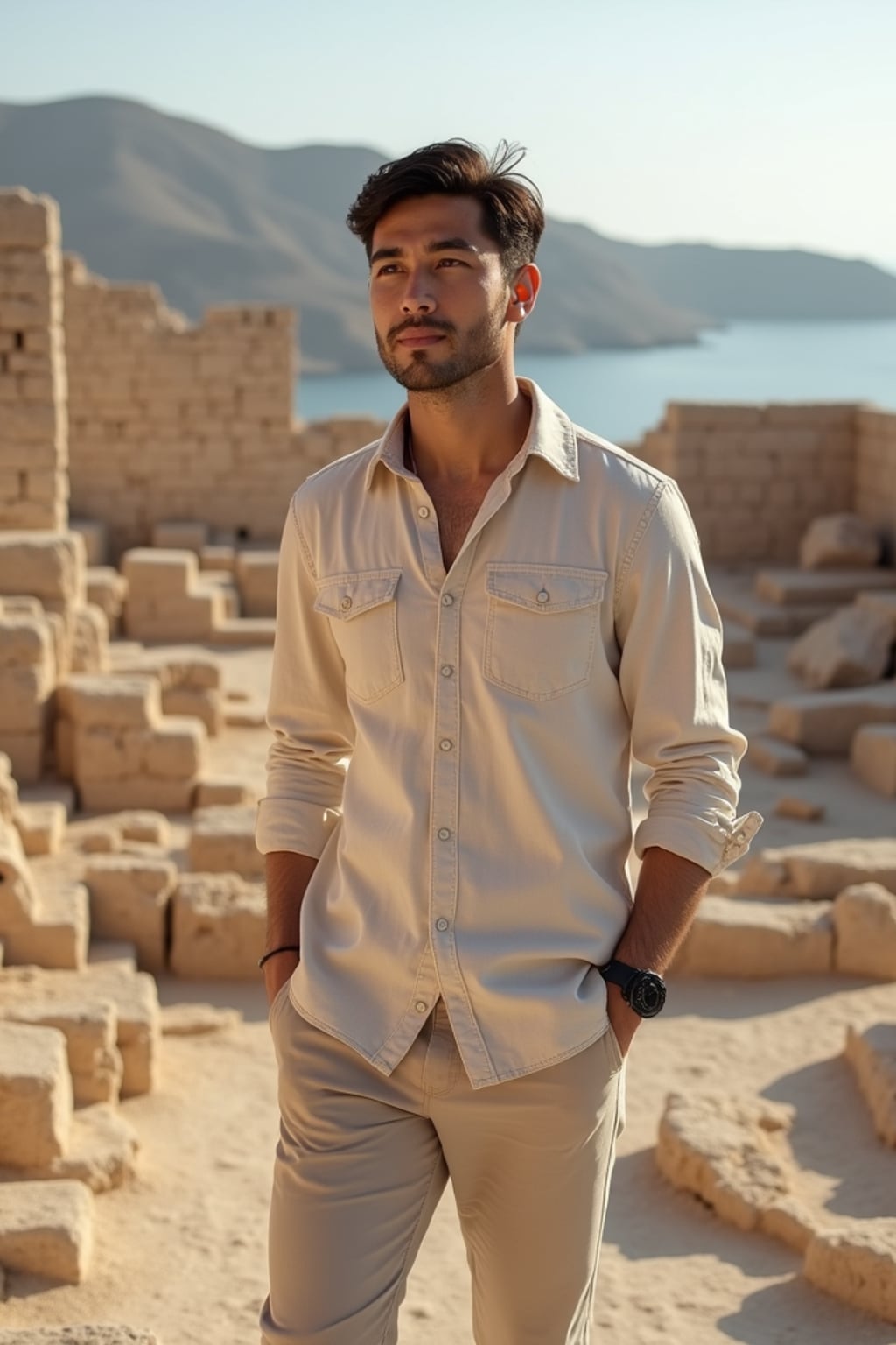 man exploring ancient Akrotiri ruins, wearing  light chinos with a casual button-up, archaeological wonders visible