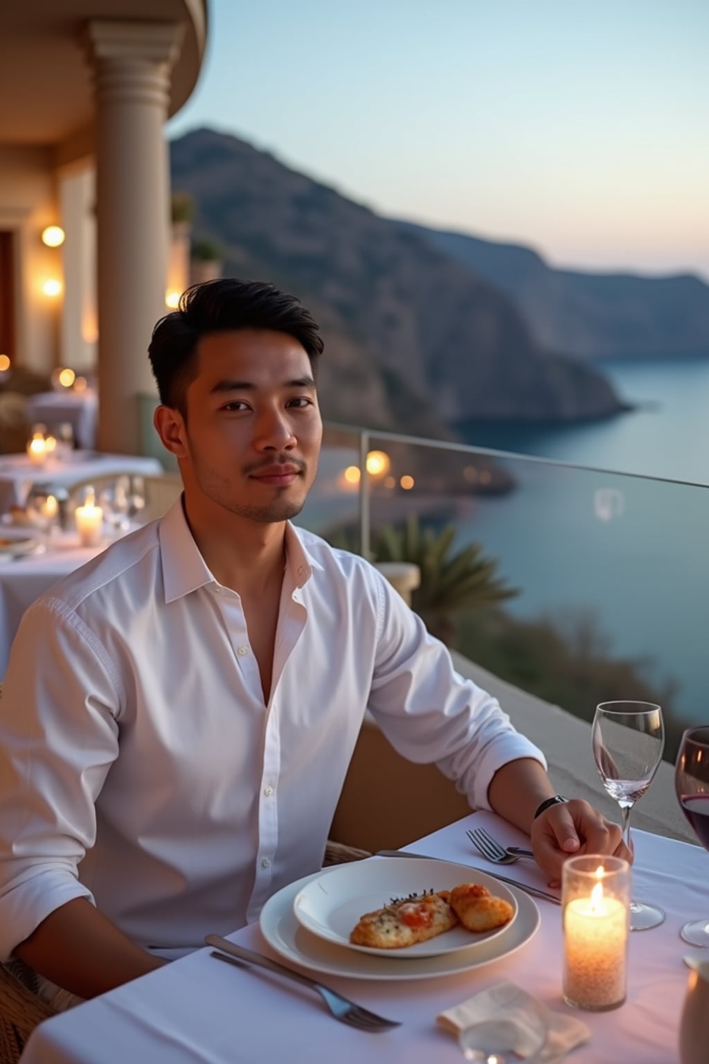 man dining at a cliffside restaurant, wearing  a smart casual white outfit, candlelit tables with caldera views