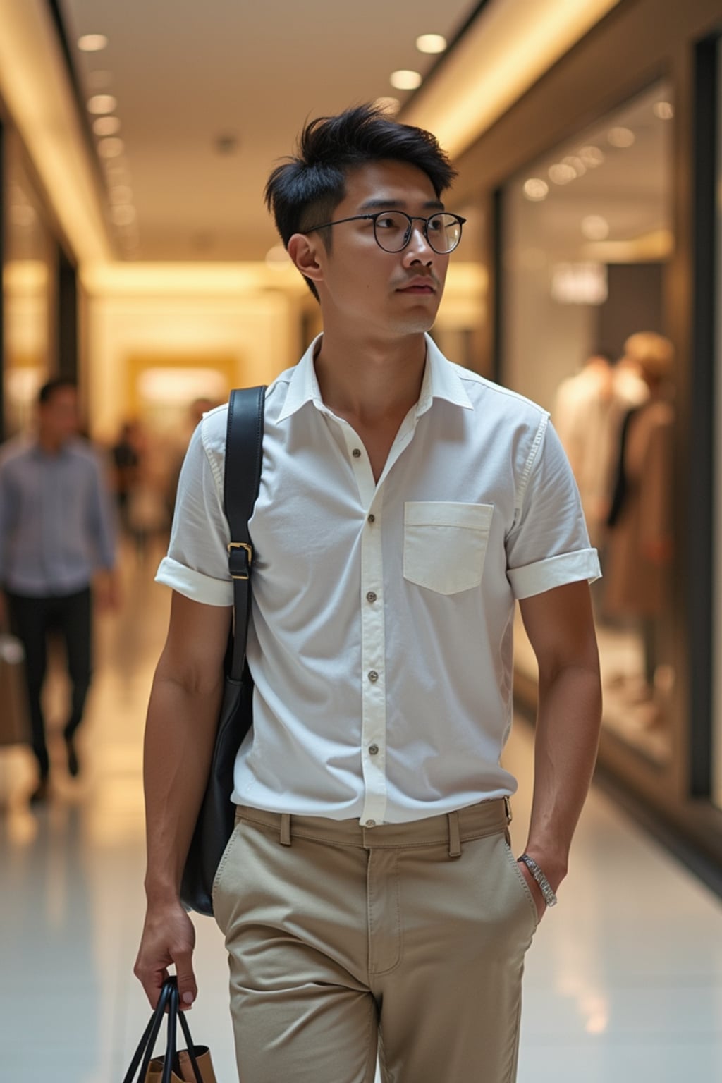 man shopping in Galeries Lafayette, wearing  tailored shorts with a button-up shirt, carrying shopping bags