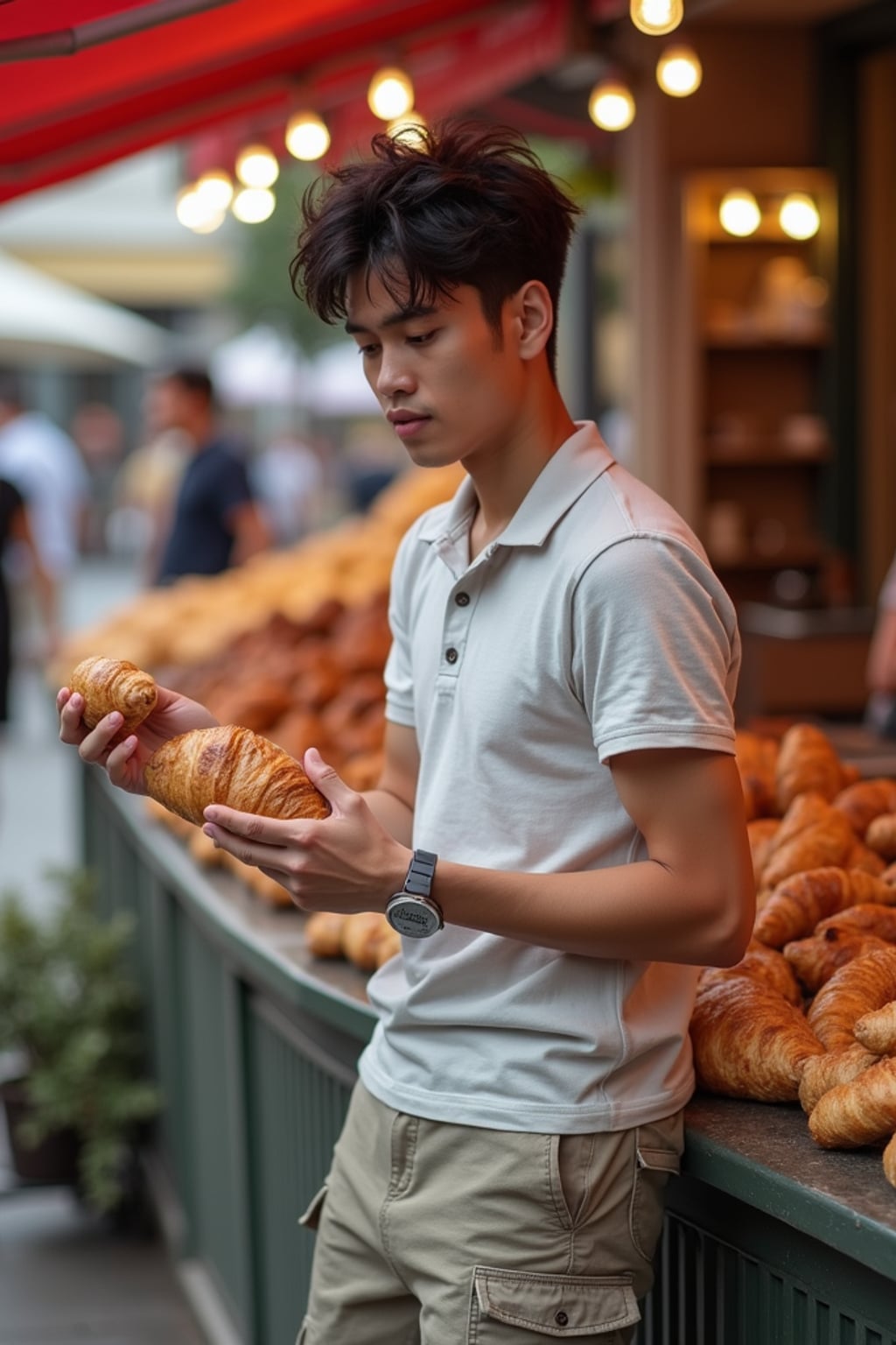 man enjoying street food at a Parisian market, wearing  cargo shorts and a polo shirt, holding a croissant