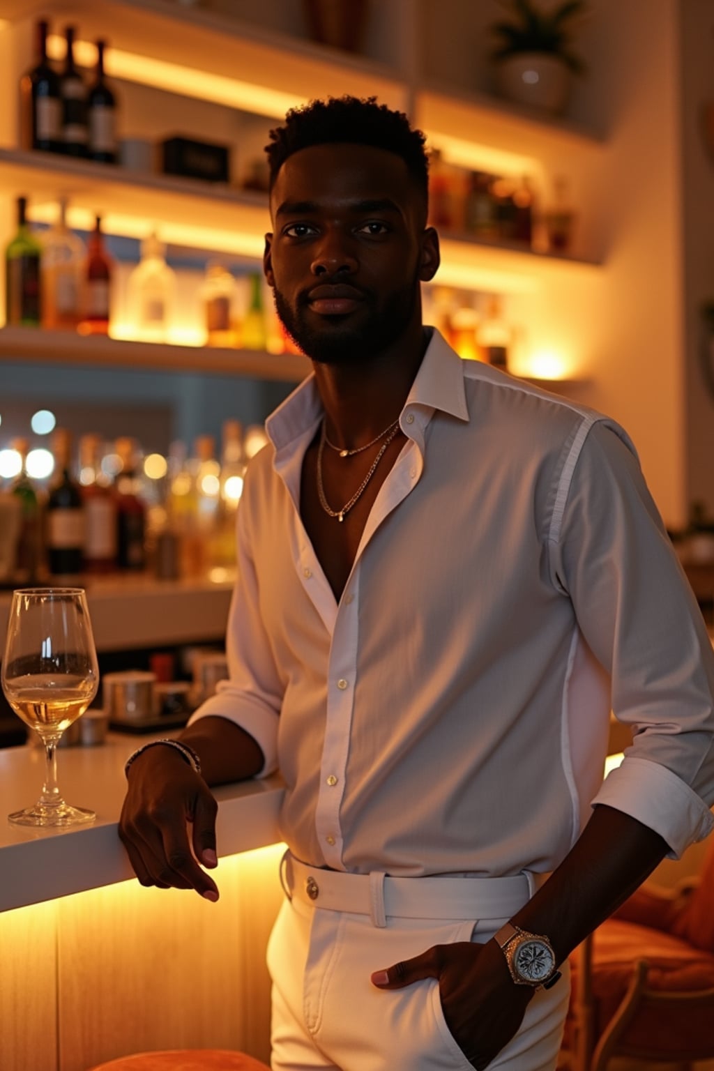 man in a Mykonos cocktail lounge, wearing  white trousers with a light designer shirt, ambient lighting and stylish decor