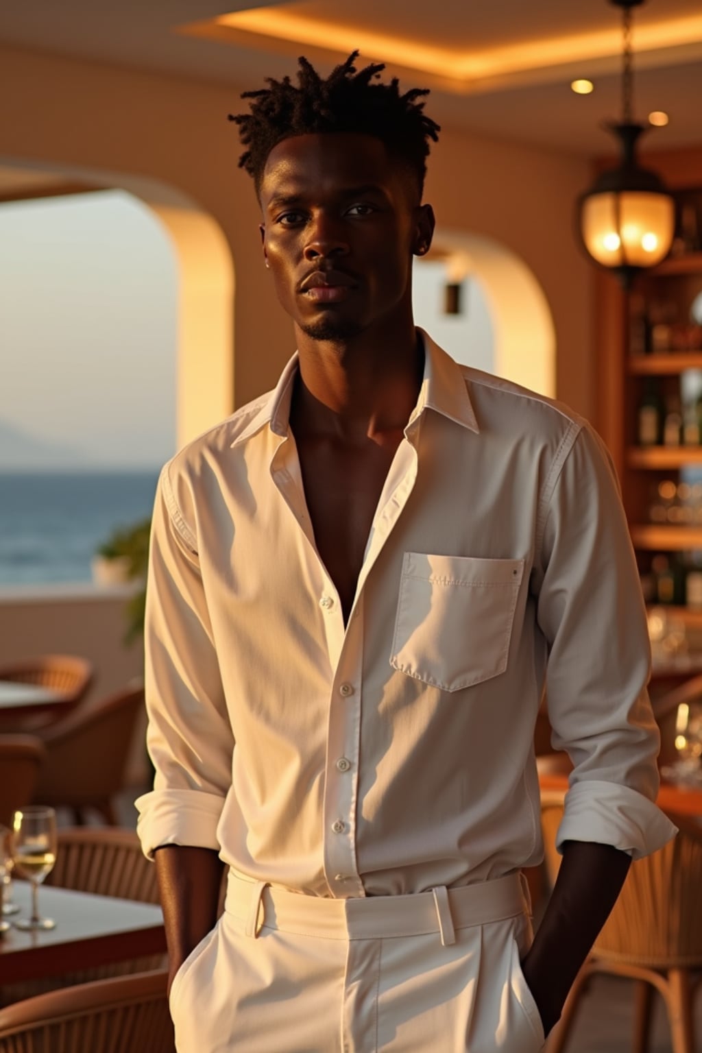 man in a Mykonos cocktail lounge, wearing  white trousers with a light designer shirt, ambient lighting and stylish decor