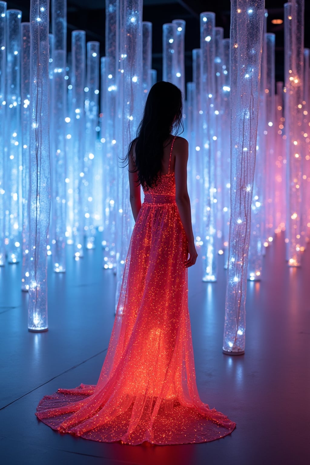 woman at teamLab Borderless digital art museum, wearing a flowing maxi dress , surrounded by digital light installations