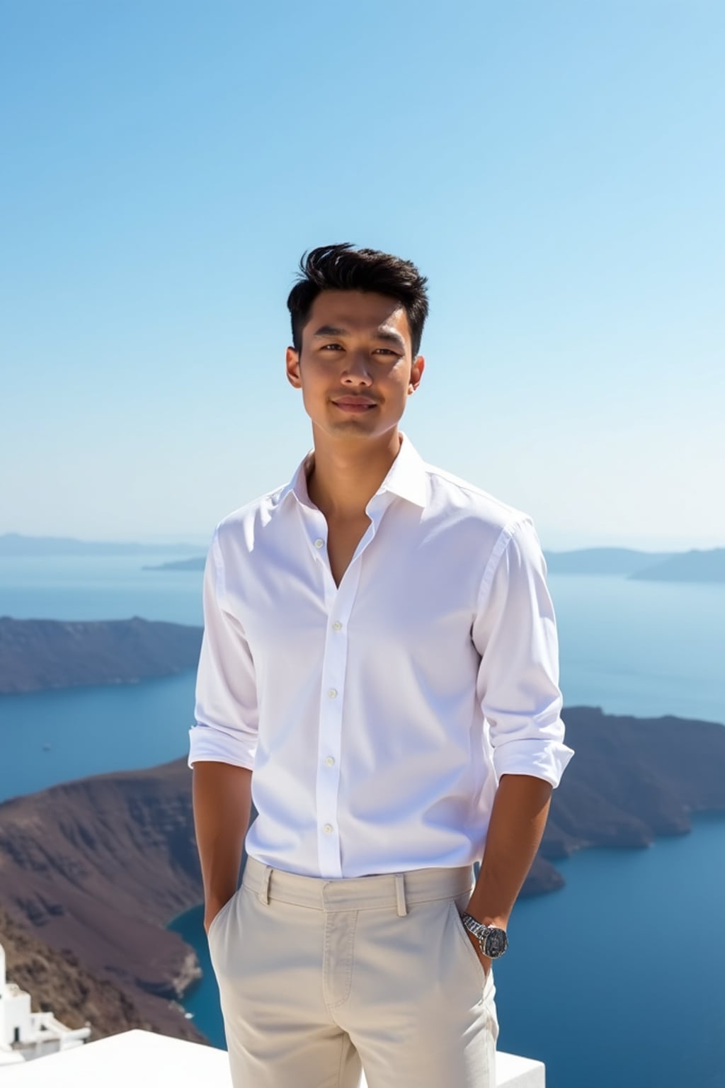 man at Santorini caldera viewpoint, wearing  a crisp white shirt with light pants, panoramic volcanic views and clear blue skies