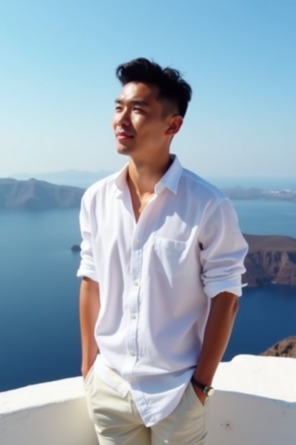 man at Santorini caldera viewpoint, wearing  a crisp white shirt with light pants, panoramic volcanic views and clear blue skies
