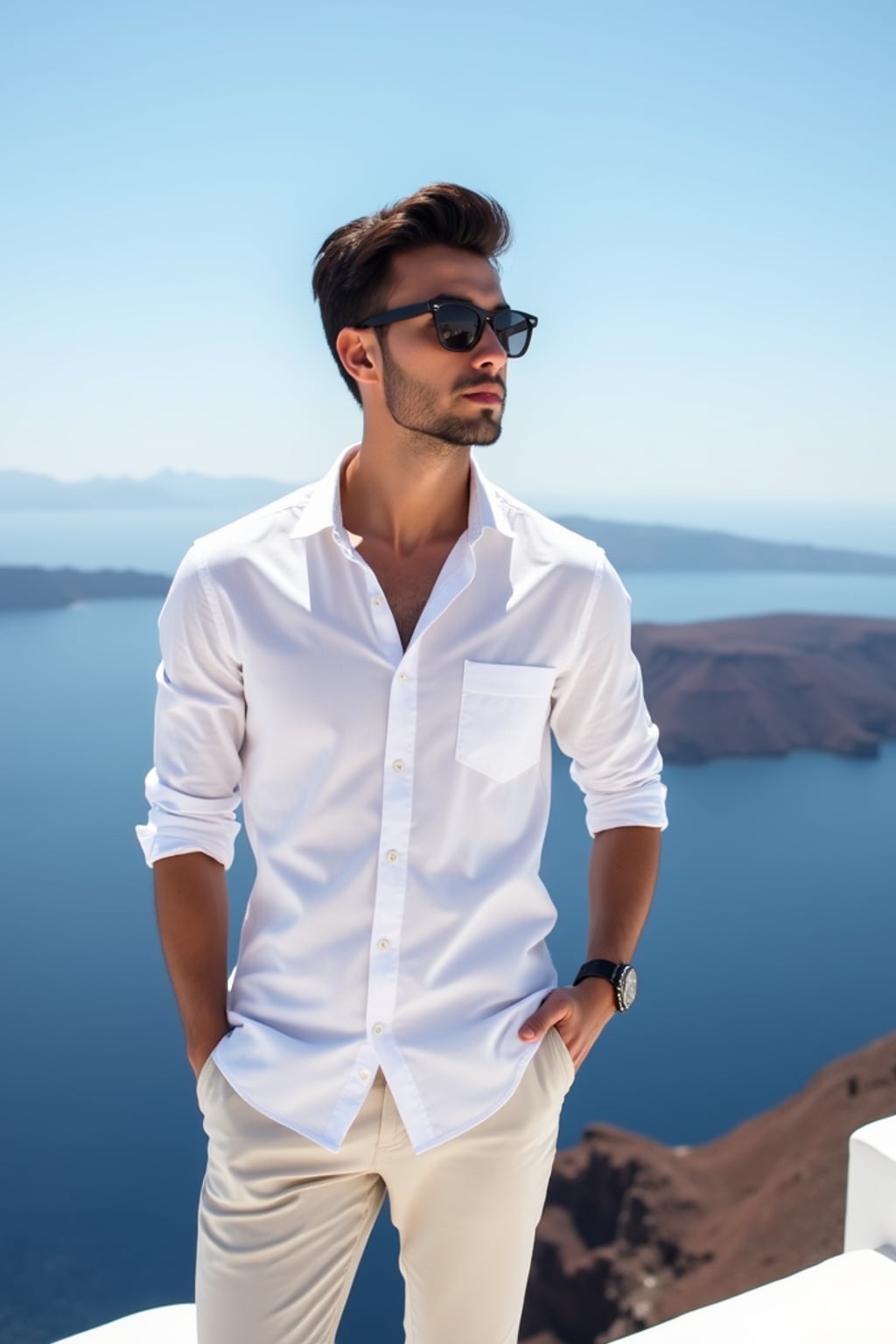 man at Santorini caldera viewpoint, wearing  a crisp white shirt with light pants, panoramic volcanic views and clear blue skies