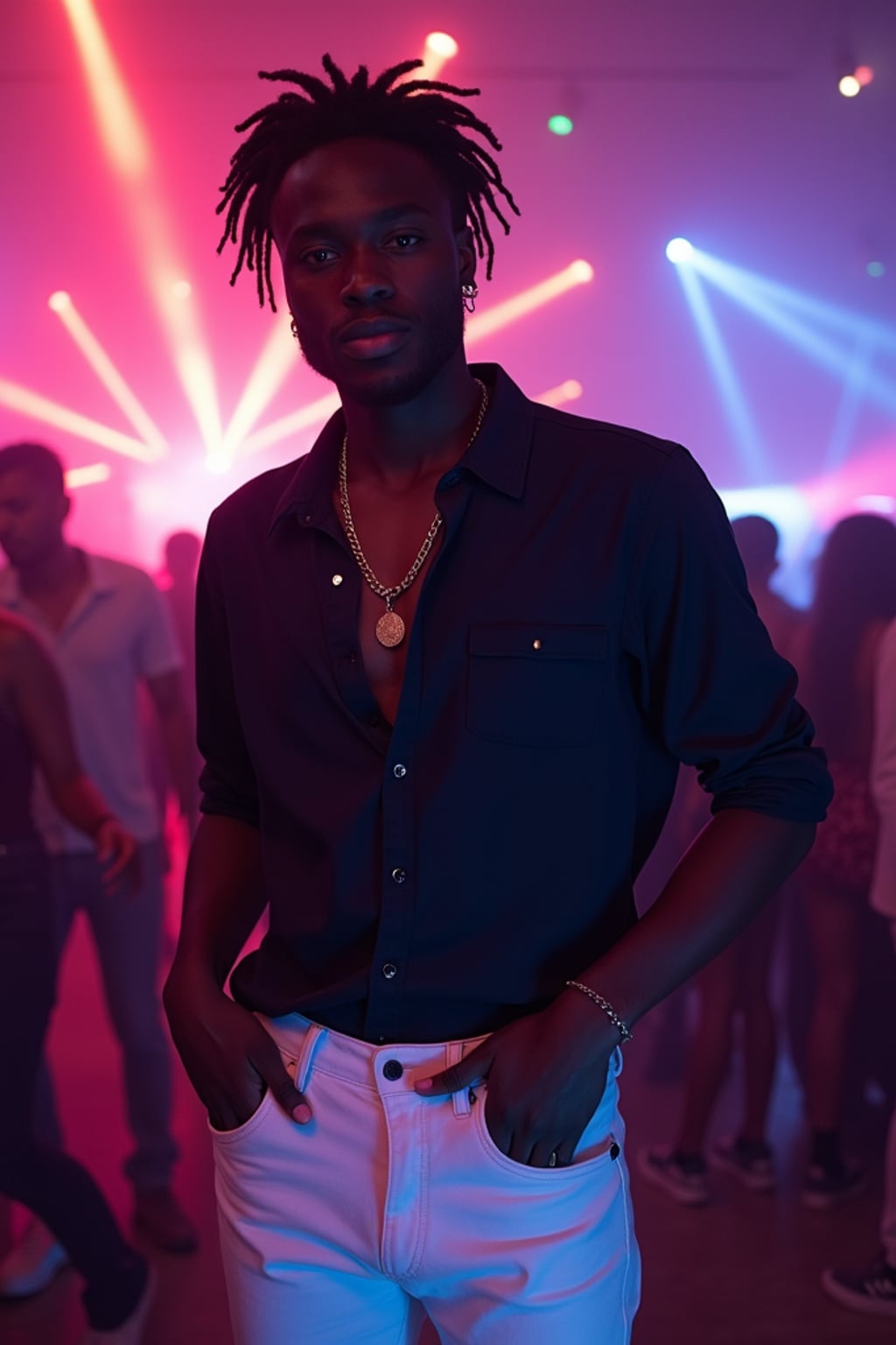 man at Cavo Paradiso nightclub, wearing  white jeans with a stylish dark shirt, colorful lights and dancing atmosphere