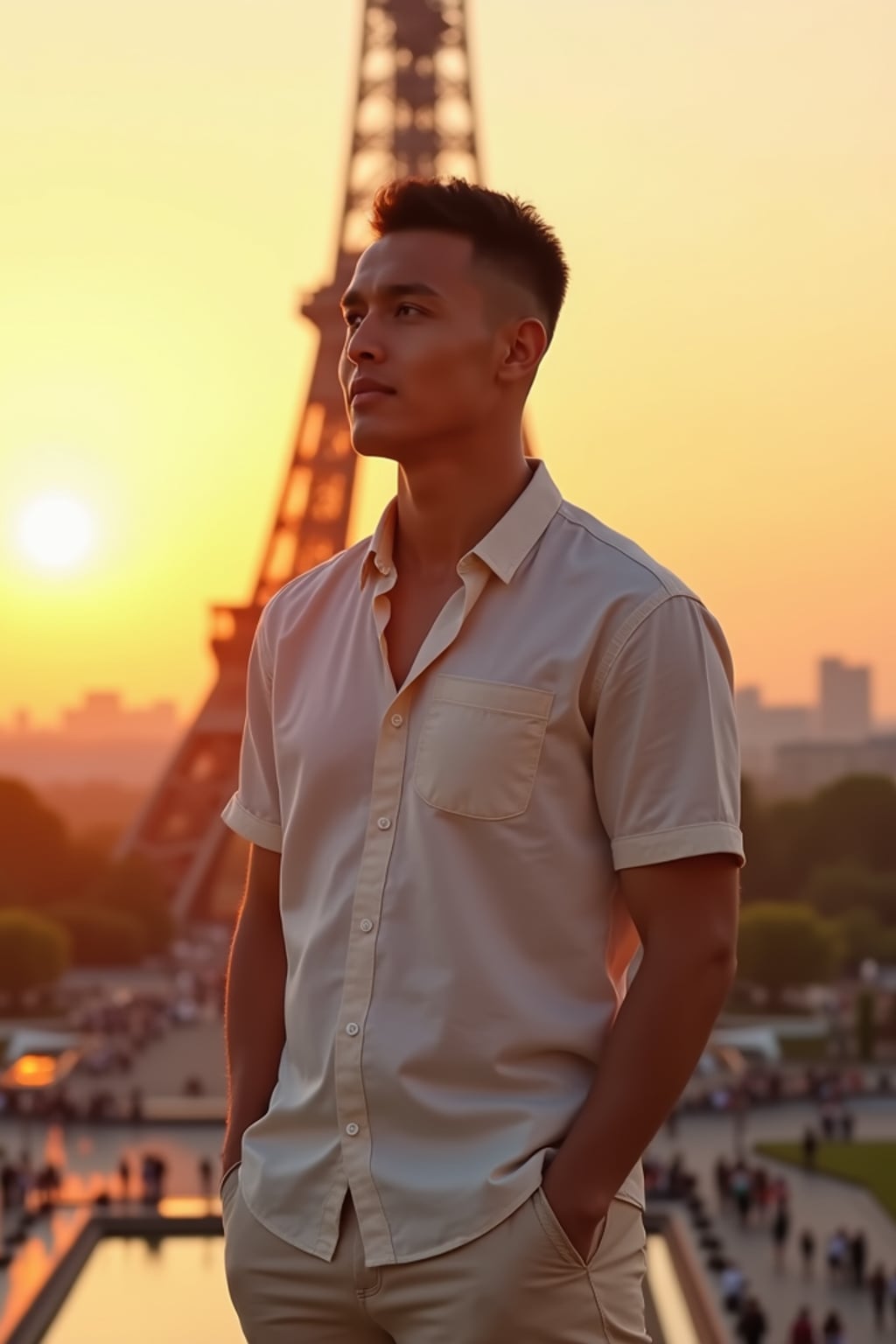 man in front of Eiffel Tower at sunset, wearing  a light linen shirt and shorts, golden hour lighting