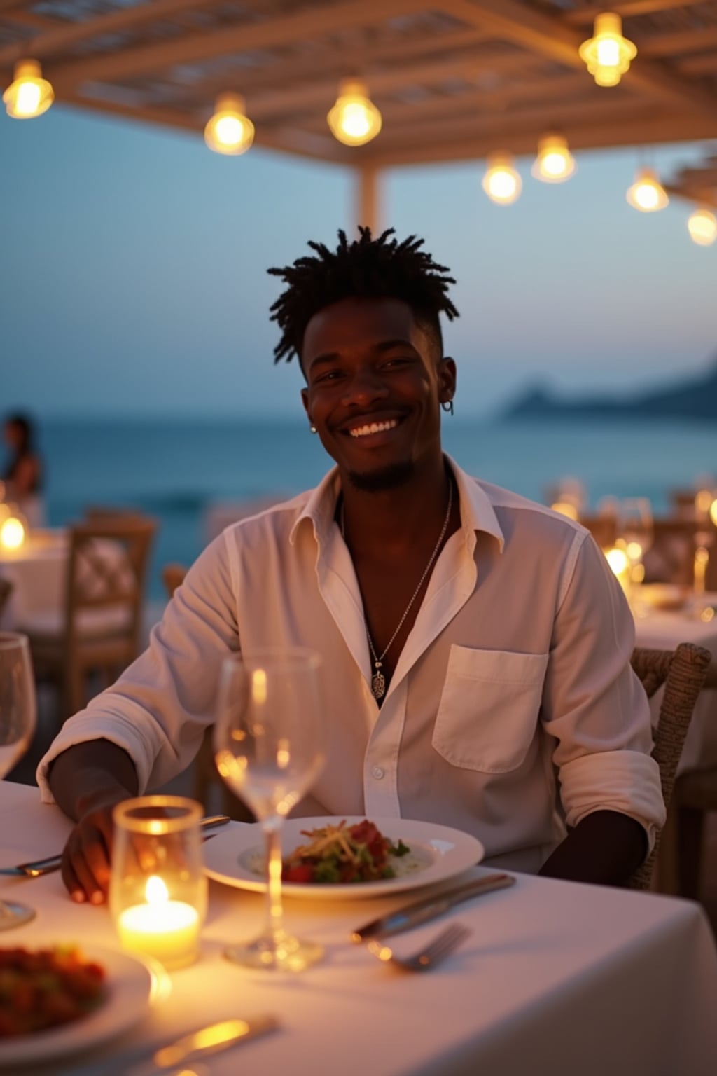 man dining at a seaside taverna, wearing  a smart casual white outfit, candlelit tables and ocean view