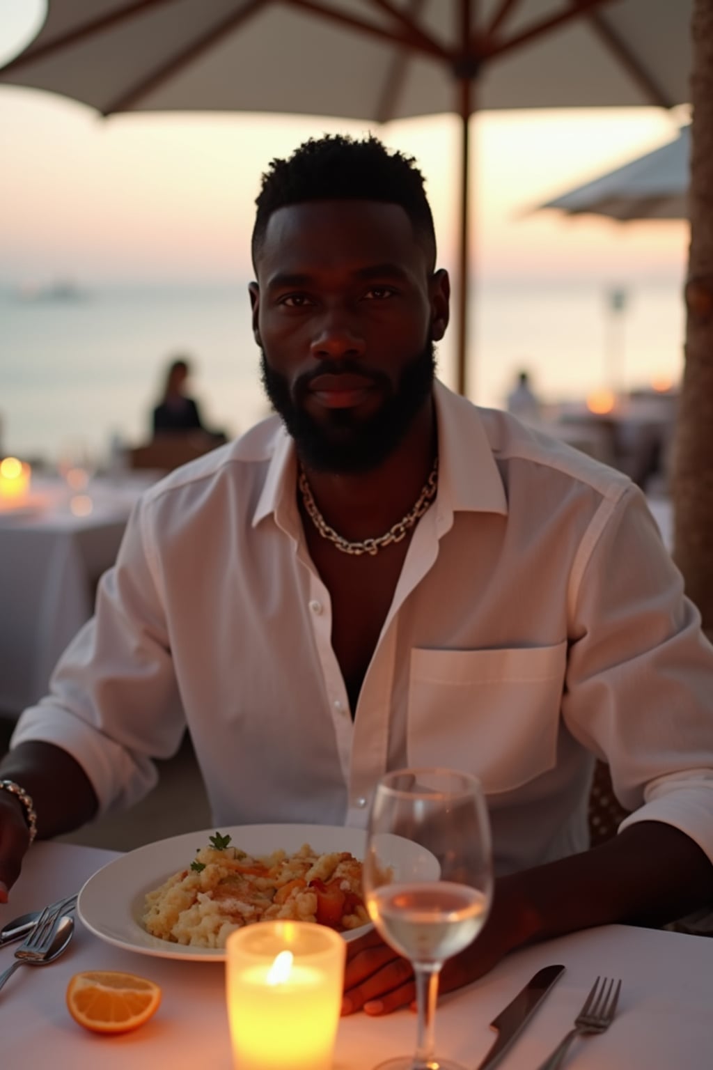 man dining at a seaside taverna, wearing  a smart casual white outfit, candlelit tables and ocean view