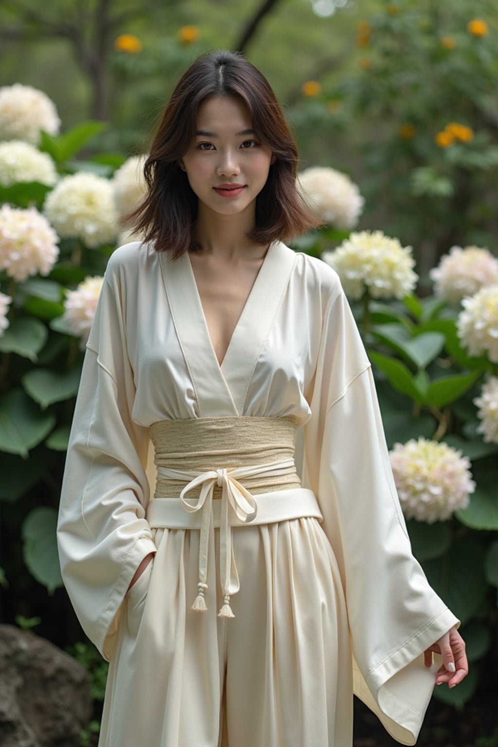 woman in a traditional Japanese garden, wearing a light kimono-inspired top with wide-leg pants , surrounded by blooming hydrangeas