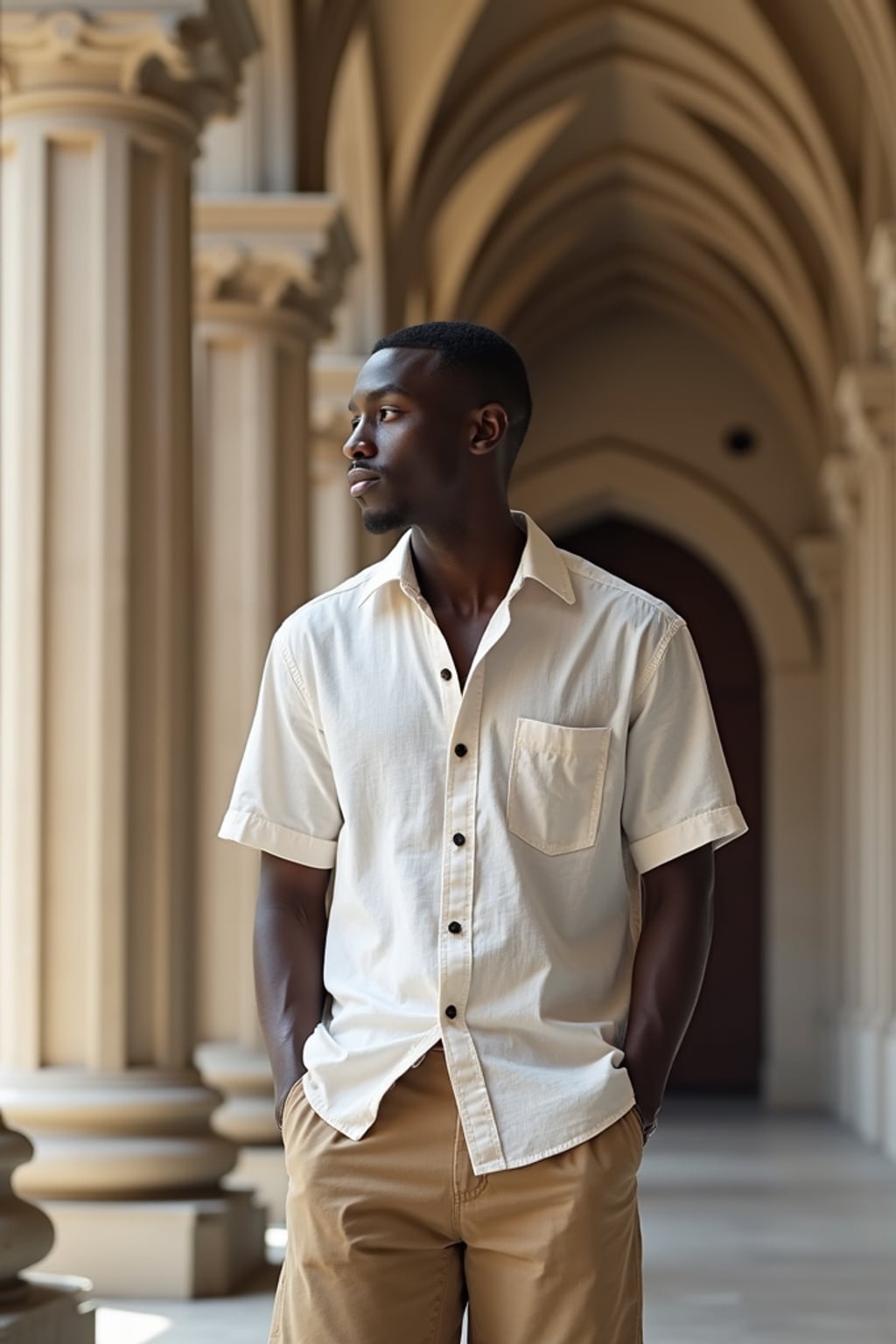 man at Sacré-Cœur Basilica, wearing  khaki shorts with a linen button-up, traditional architecture visible