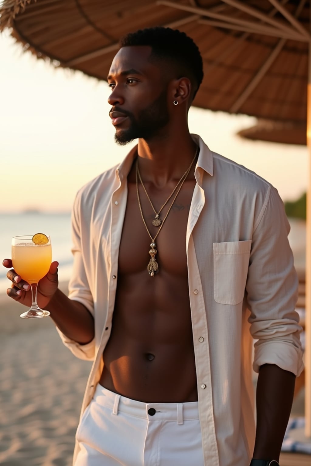 man at a beachside club in Psarou, wearing  white shorts with a light linen shirt, holding a cocktail with warm evening glow