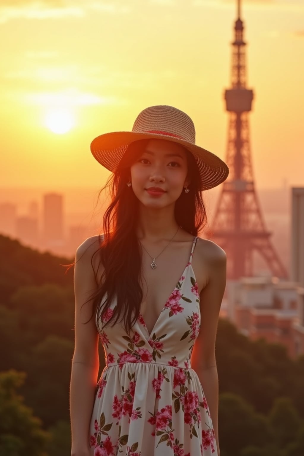 woman in front of Tokyo Tower at sunset, wearing a floral summer dress with straw hat , golden hour lighting