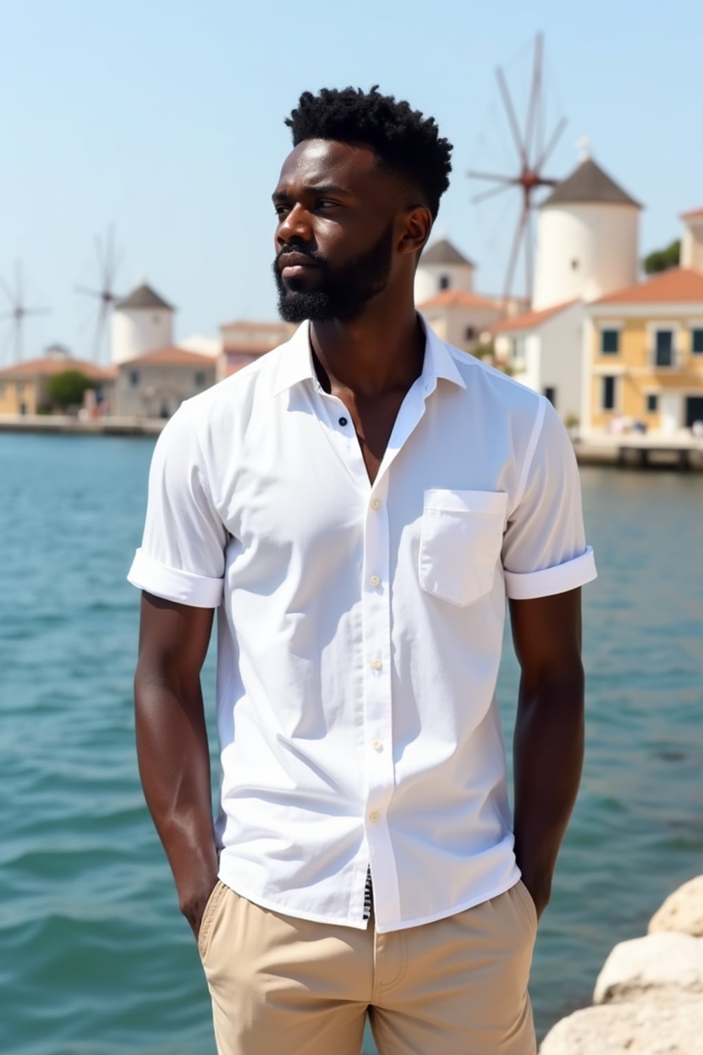 man at Little Venice waterfront, wearing  a stylish white button-up with beige chinos, Aegean Sea and windmills in background