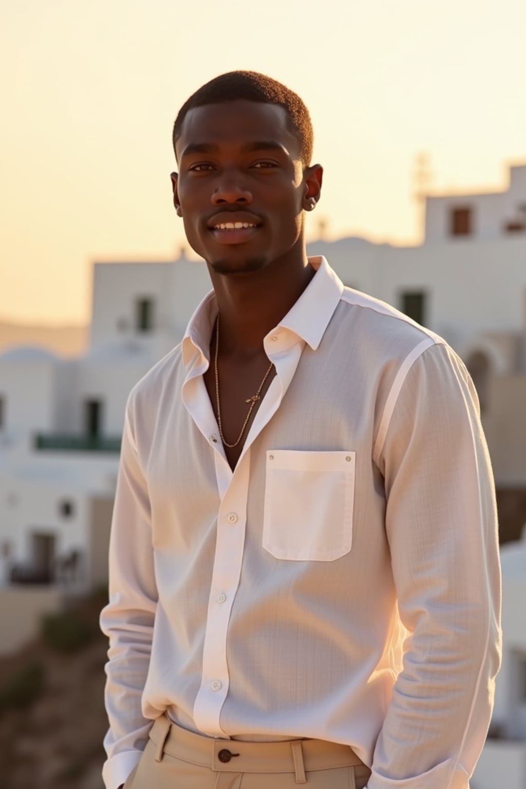 man in front of whitewashed Mykonos buildings at sunset, wearing  a crisp white linen shirt with light pants, warm golden hour lighting