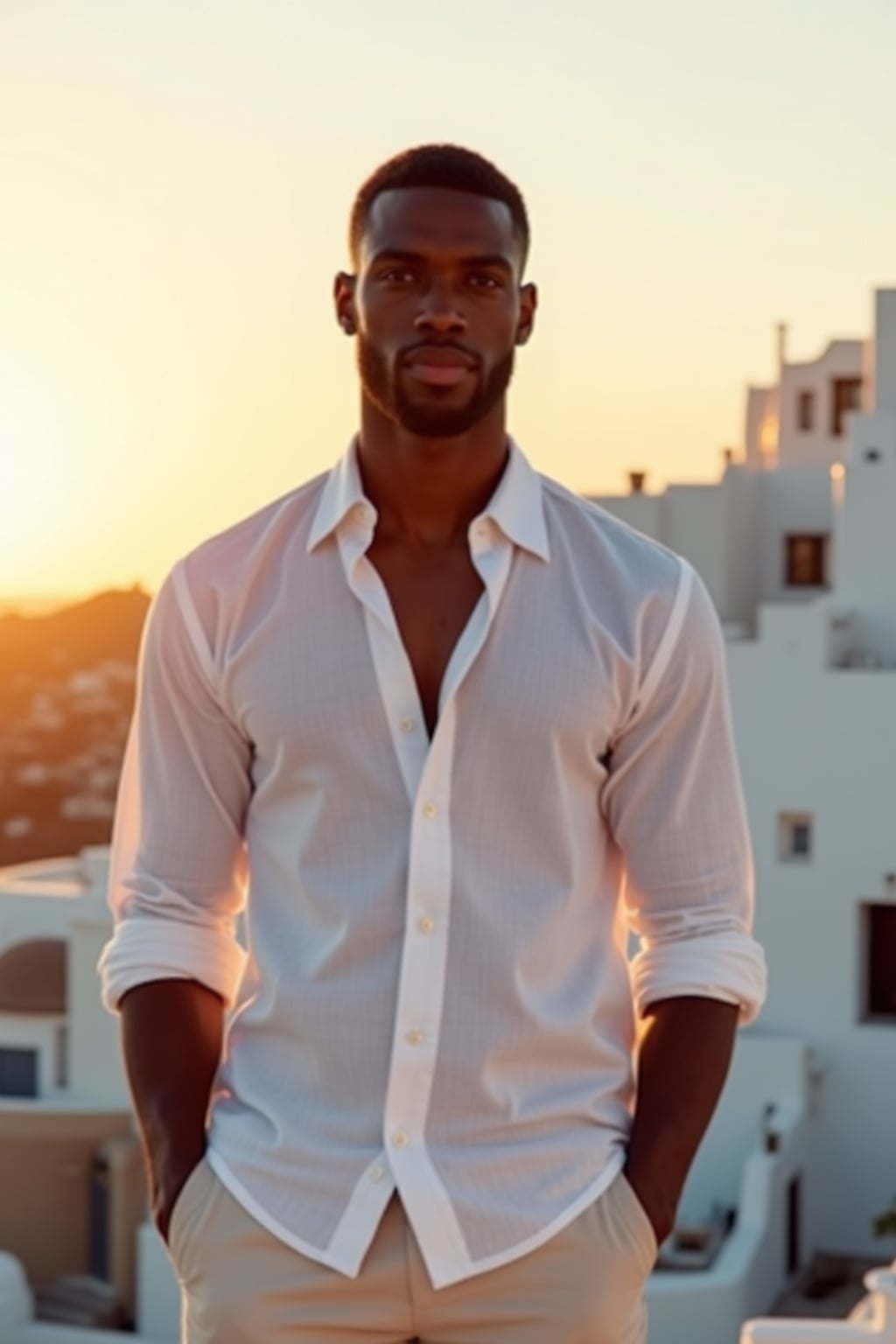man in front of whitewashed Mykonos buildings at sunset, wearing  a crisp white linen shirt with light pants, warm golden hour lighting