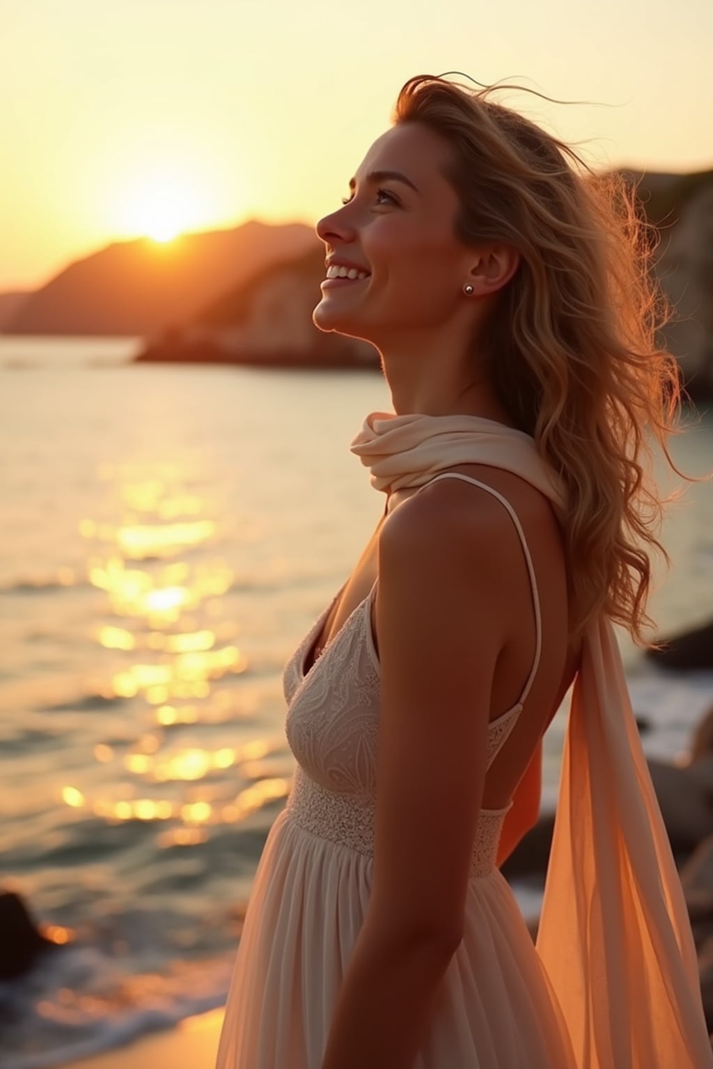 woman enjoying sunset at Amoudi Bay, wearing a romantic evening dress with light scarf , golden hour lighting on seaside tavernas