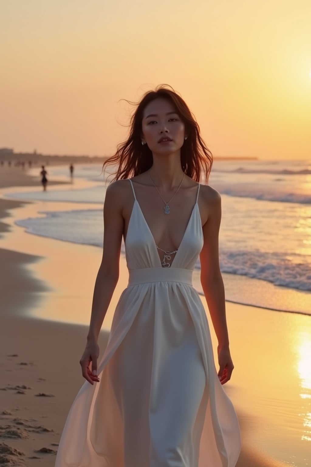woman walking along Ornos Beach at twilight, wearing a white beach dress with silver accessories , warm evening atmosphere