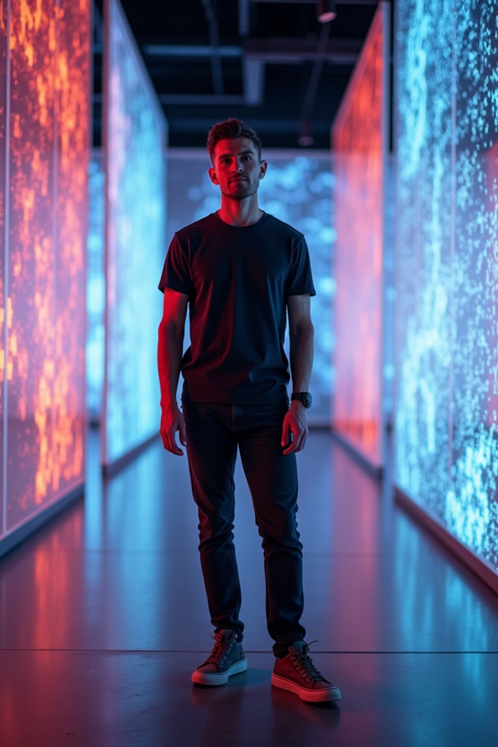 man at teamLab Borderless digital art museum, wearing  dark jeans with a minimalist t-shirt, surrounded by digital light installations