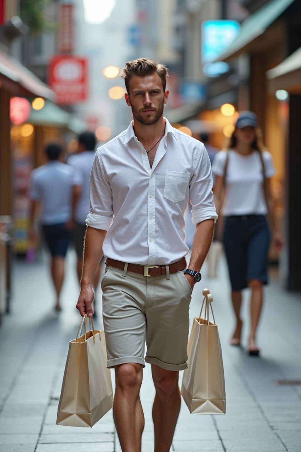 man shopping in Ginza district, wearing  tailored shorts with a button-up shirt, carrying shopping bags