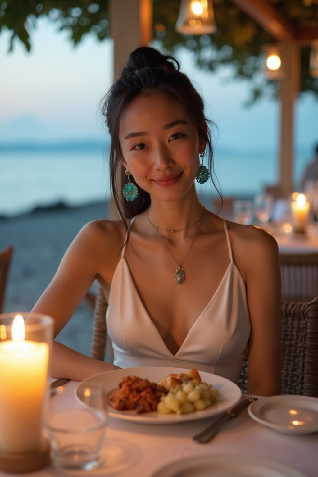 woman dining at a seaside taverna, wearing an elegant white evening dress with turquoise accessories , candlelit tables and ocean view