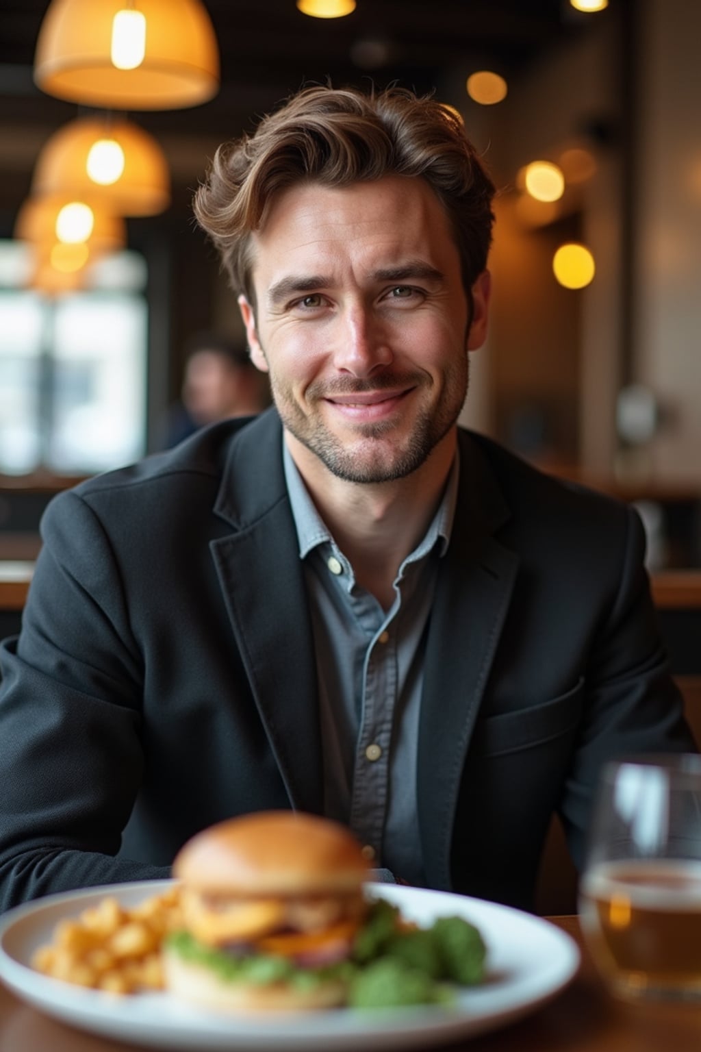 man at a Parisian bistro, wearing  relaxed business casual outfit, enjoying French cuisine