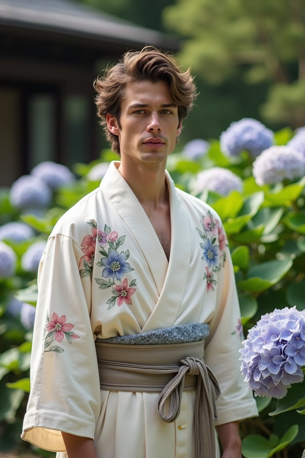 man in a traditional Japanese garden, wearing  a modern yukata-inspired outfit, surrounded by blooming hydrangeas