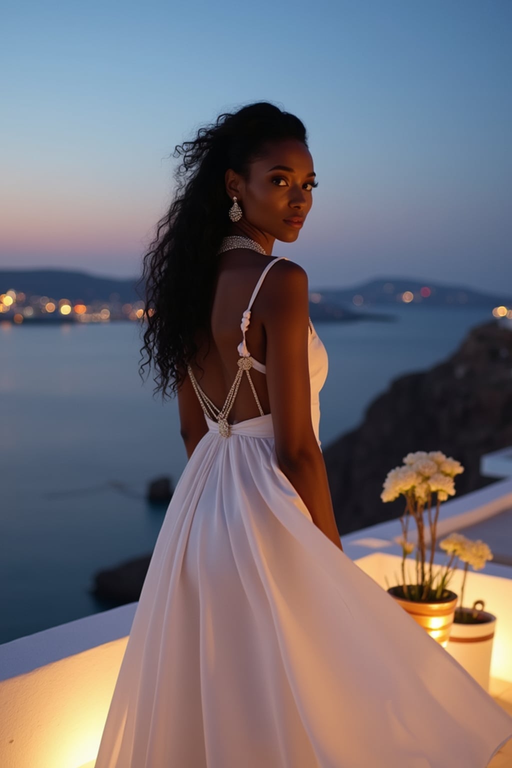 woman on a private terrace overlooking Mykonos Town, wearing a glamorous white evening gown , twinkling city lights below