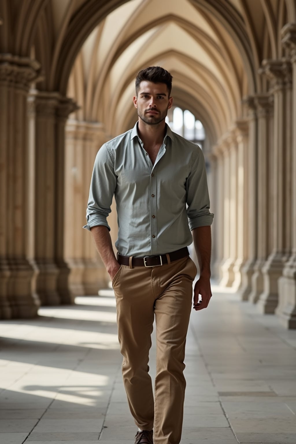 man at Notre-Dame Cathedral, wearing  neat chinos with a collared shirt, walking through historic architecture