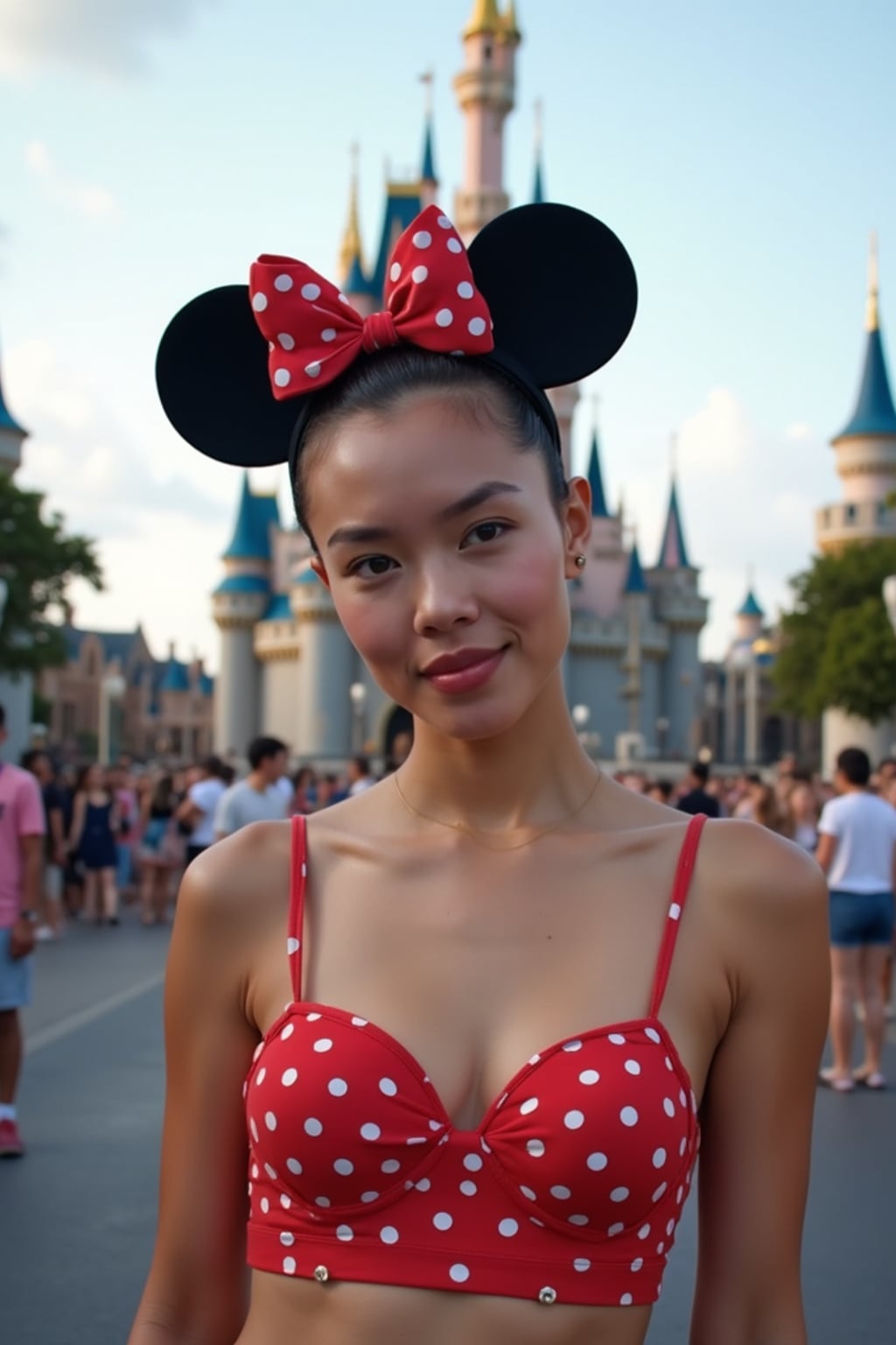woman at Tokyo DisneySea, wearing Mickey ears with cute Disney-themed outfit , castle in background