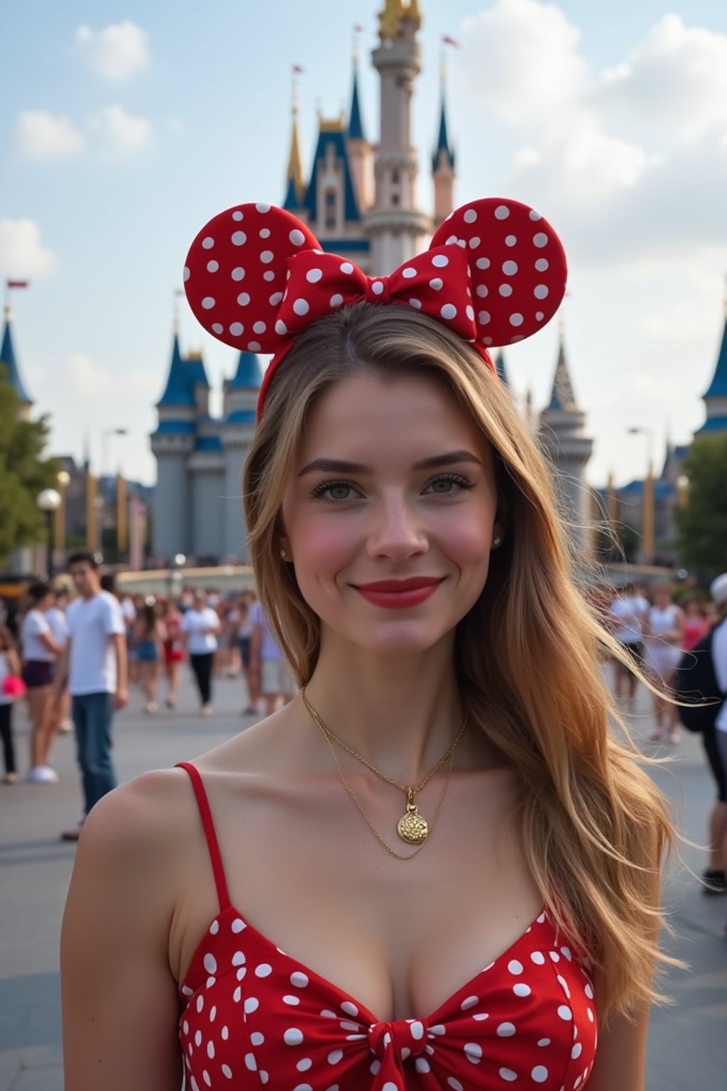 woman at Tokyo DisneySea, wearing Mickey ears with cute Disney-themed outfit , castle in background