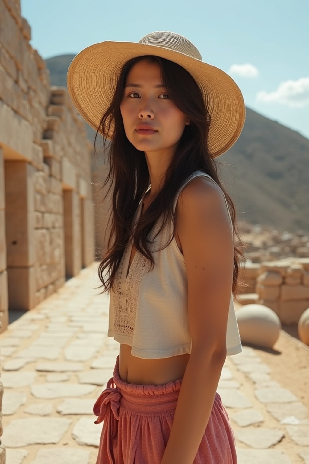 woman exploring ancient Akrotiri ruins, wearing a comfortable stylish outfit with hat , archaeological wonders visible