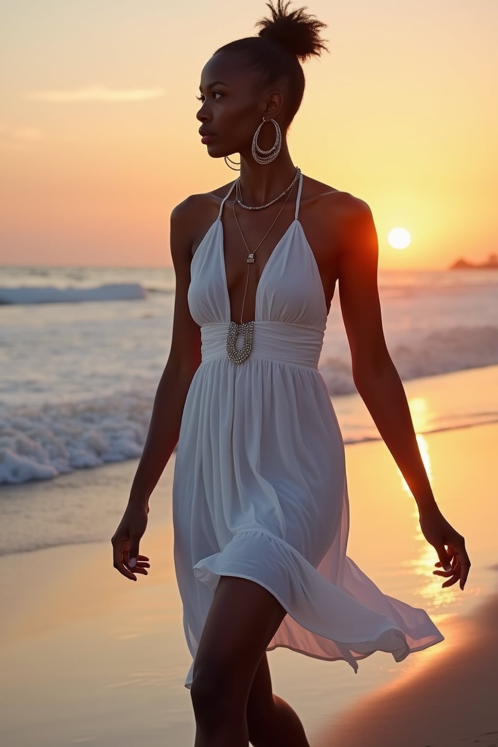 woman walking along Ornos Beach at twilight, wearing a white beach dress with silver accessories , warm evening atmosphere