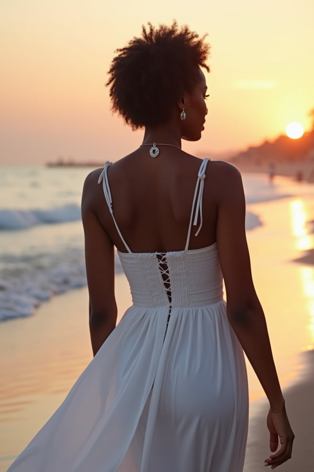 woman walking along Ornos Beach at twilight, wearing a white beach dress with silver accessories , warm evening atmosphere