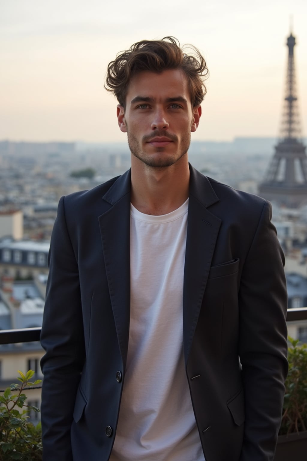 man at a rooftop bar in Montmartre, wearing  a smart casual blazer with t-shirt, Paris skyline in background