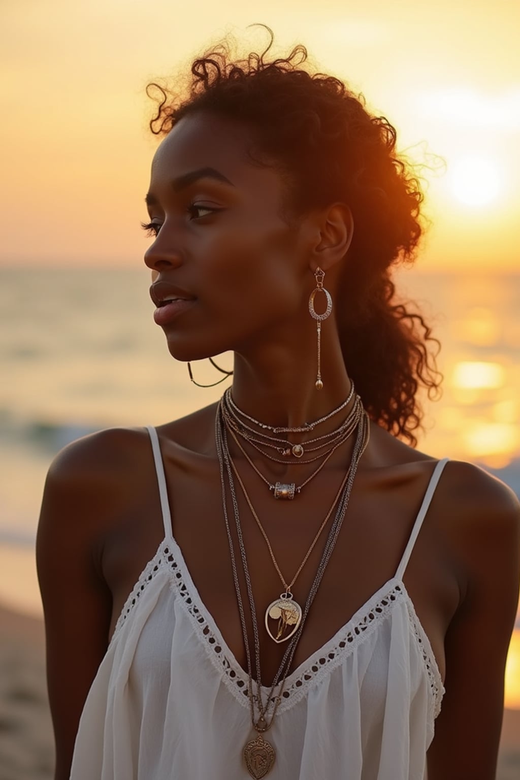 woman at Scorpios beach club, wearing a bohemian white dress with layered necklaces , sunset over the sea