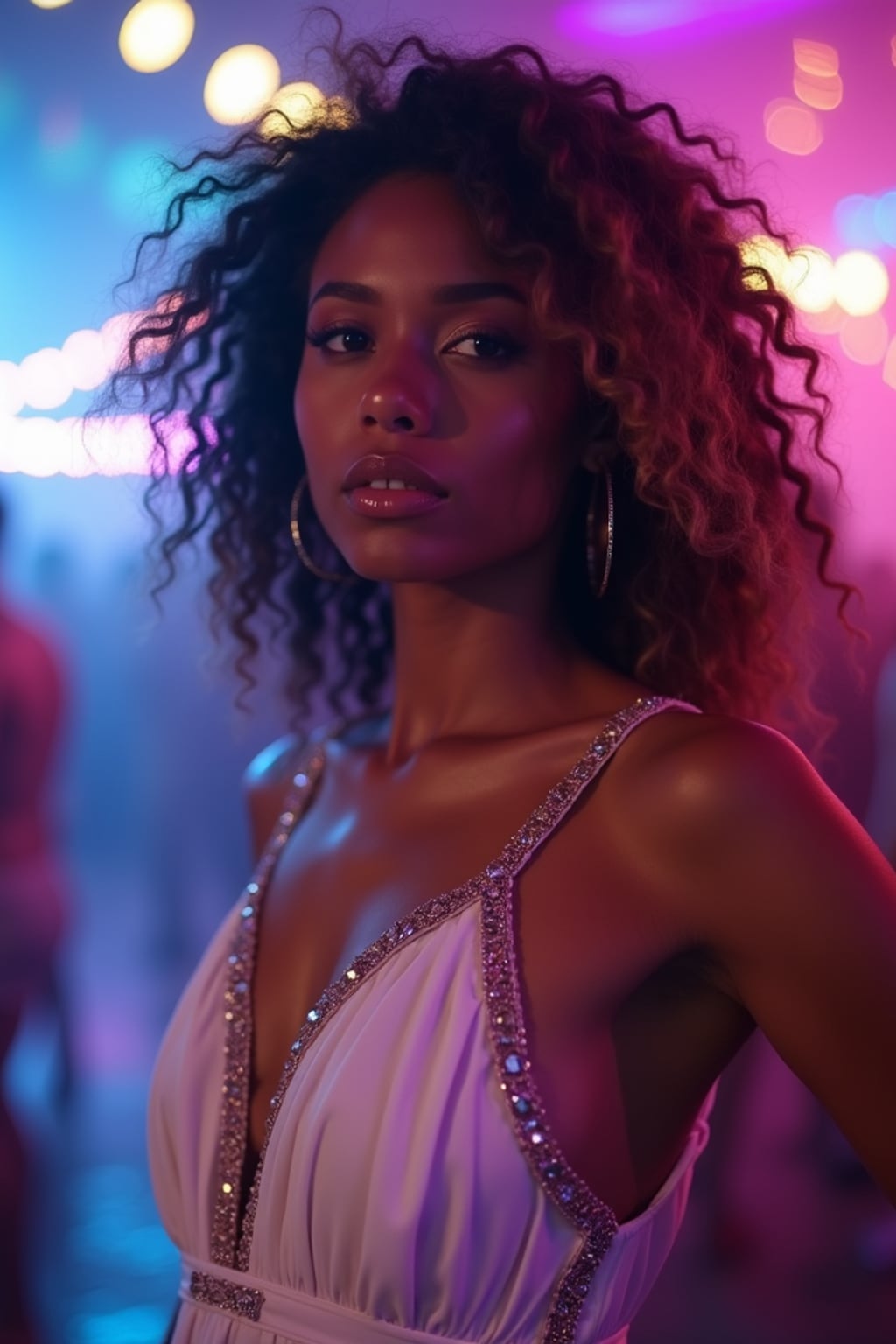 woman at Cavo Paradiso nightclub, wearing a stunning white party dress with metallic details , colorful lights and dancing atmosphere