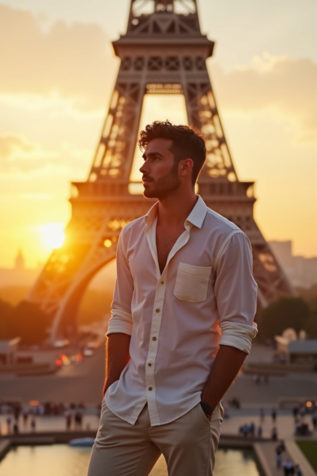 man in front of Eiffel Tower at sunset, wearing  a light linen shirt and shorts, golden hour lighting