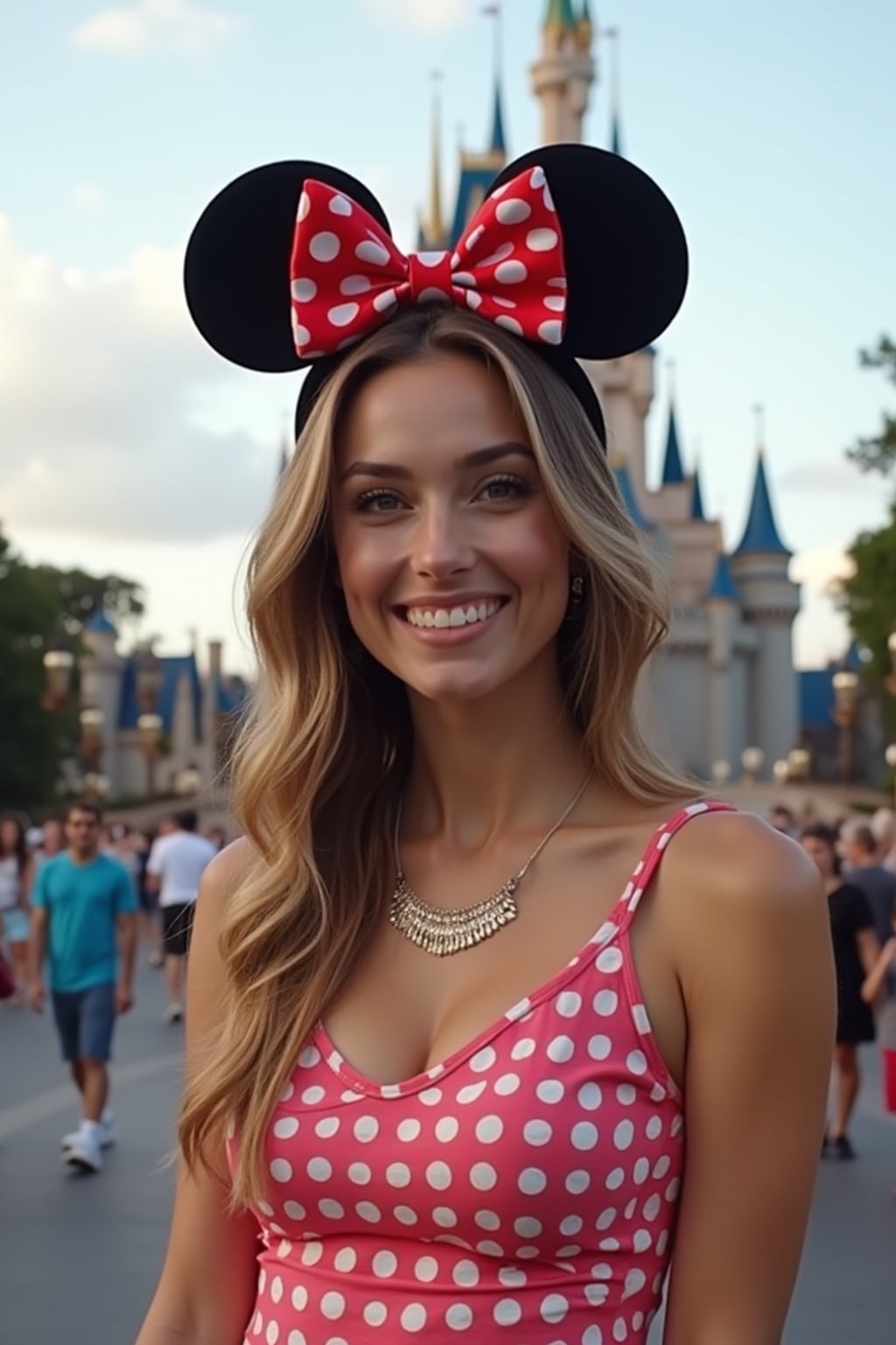 woman at Disneyland Paris, wearing Mickey ears with cute Disney-themed outfit , castle in background