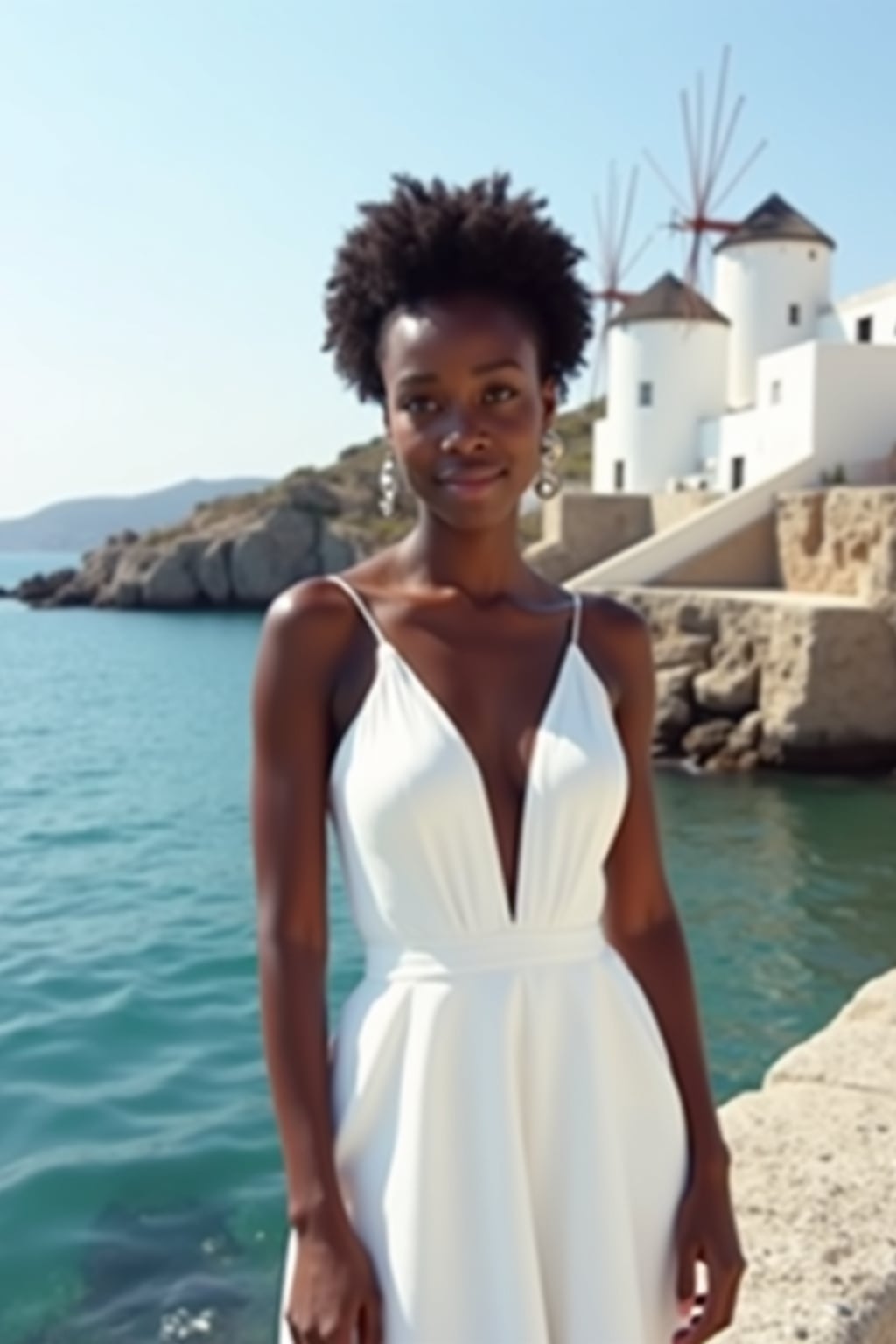 woman at Little Venice waterfront, wearing an elegant white cocktail dress , Aegean Sea and windmills in background