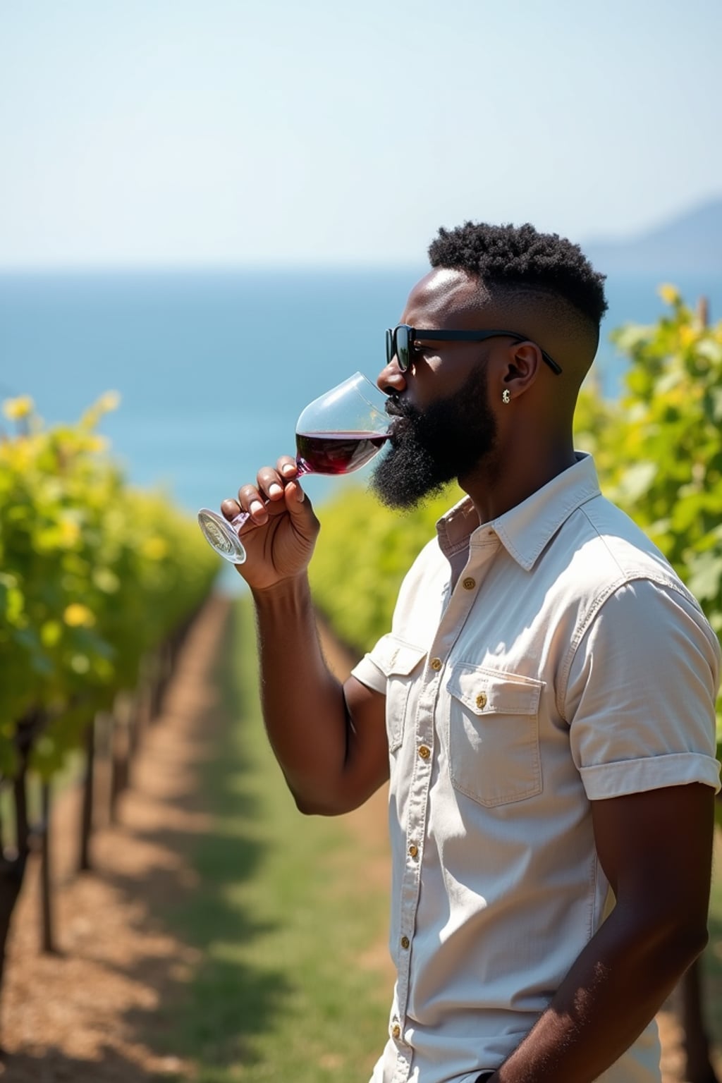 man wine tasting at a Santorini vineyard, wearing  smart casual outfit with sunglasses, rows of grapevines with sea views