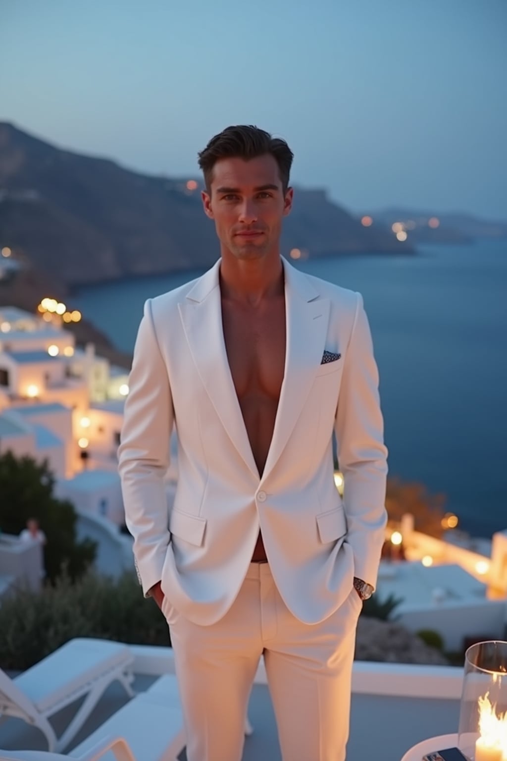 man on a private terrace overlooking Mykonos Town, wearing  a sophisticated white suit with no tie, twinkling city lights below