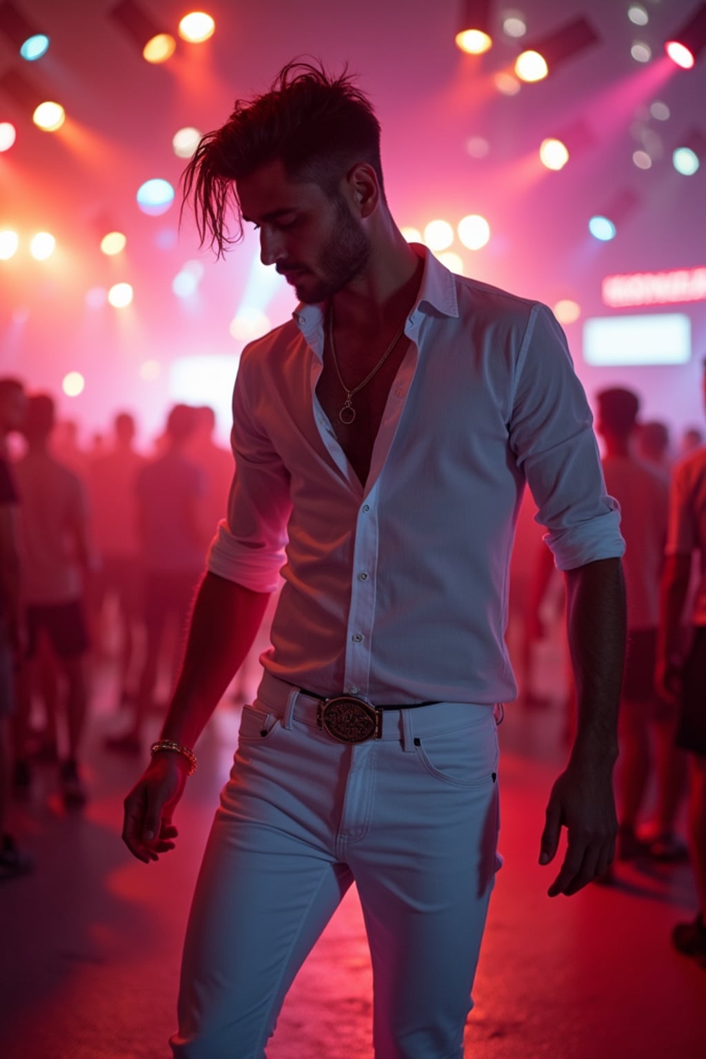 man dancing at an open-air club, wearing  white jeans with a stylish fitted shirt, DJ lights and vibrant atmosphere