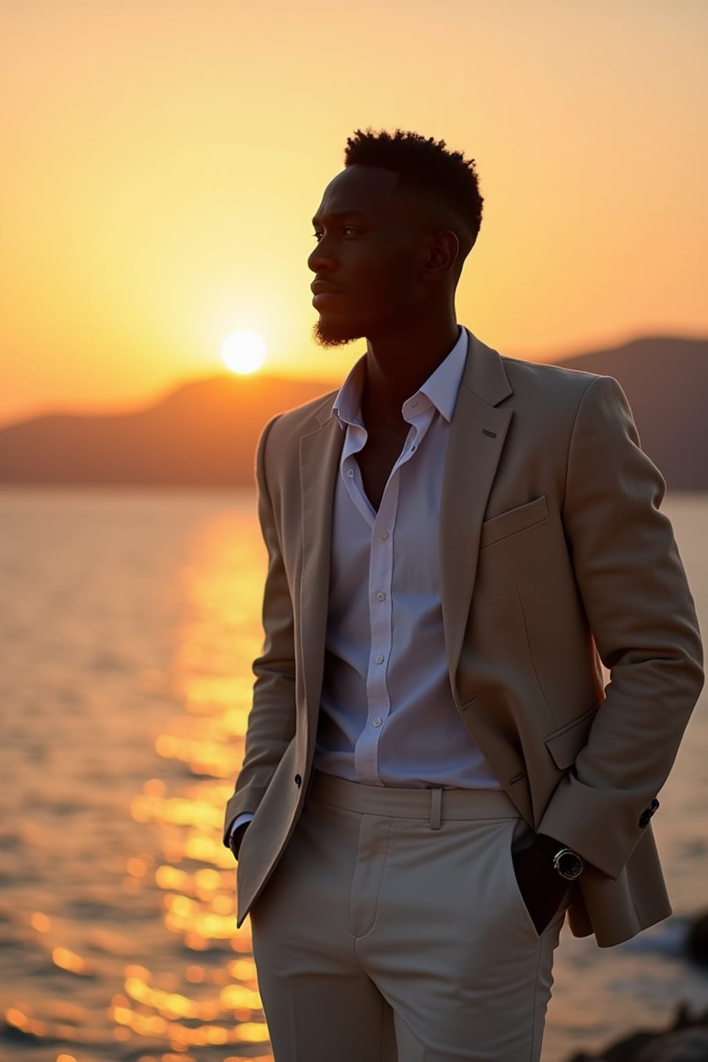 man enjoying sunset at Amoudi Bay, wearing  smart casual outfit with linen blazer, golden hour lighting on seaside tavernas