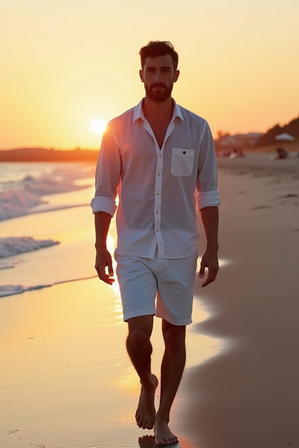 man walking along Ornos Beach at twilight, wearing  white shorts with a light cotton shirt, warm evening atmosphere