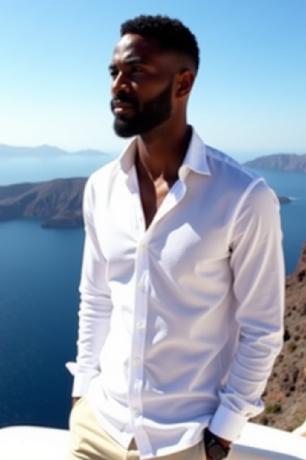 man at Santorini caldera viewpoint, wearing  a crisp white shirt with light pants, panoramic volcanic views and clear blue skies