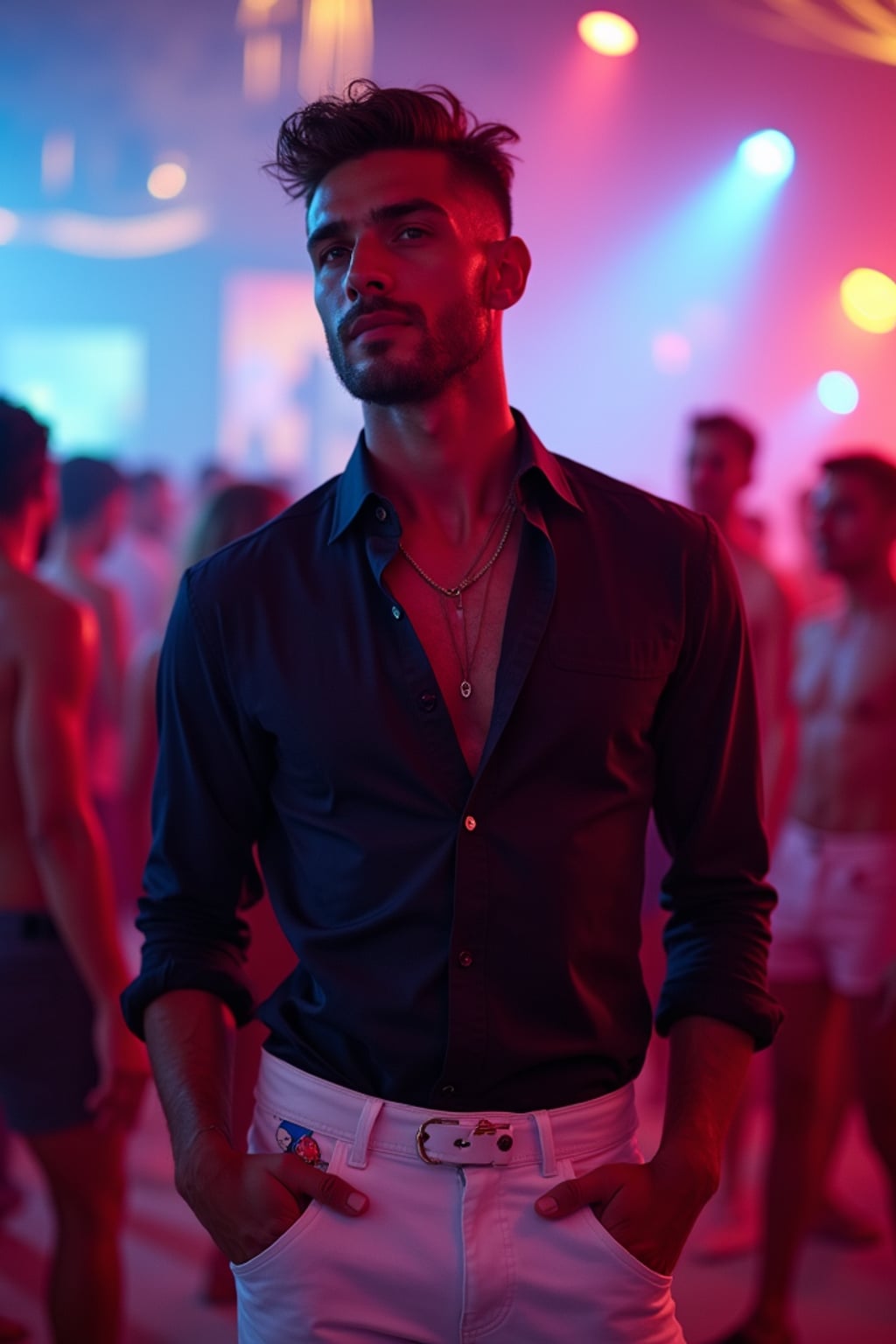 man at Cavo Paradiso nightclub, wearing  white jeans with a stylish dark shirt, colorful lights and dancing atmosphere