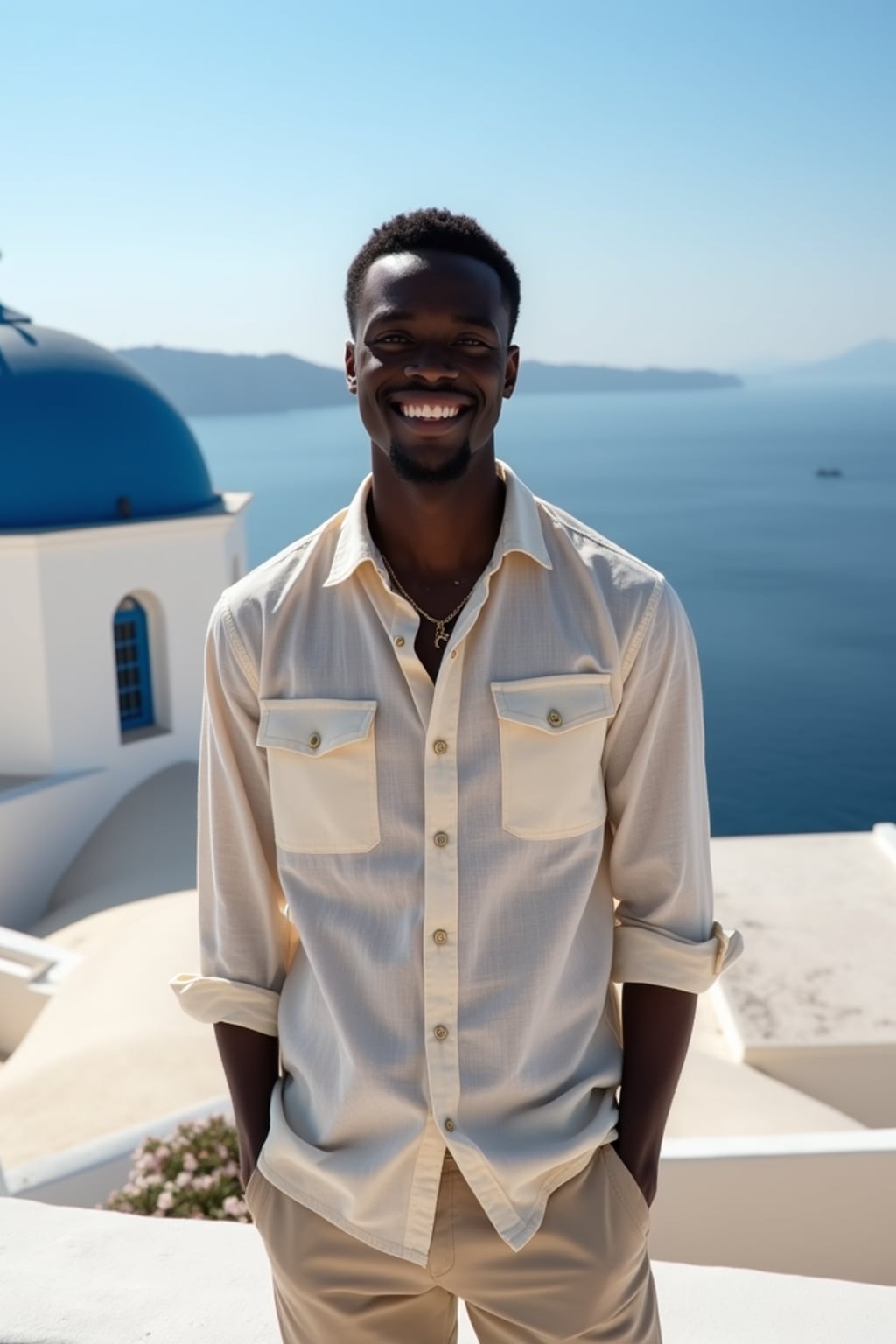 man in front of blue-domed churches in Oia, wearing  a light linen shirt with beige shorts, brilliant sunshine and Aegean Sea in background
